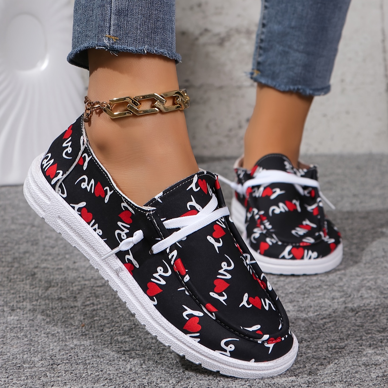 Women's Heart Patttern Flat Sneakers Casual Low Top Lace - Temu United  Kingdom