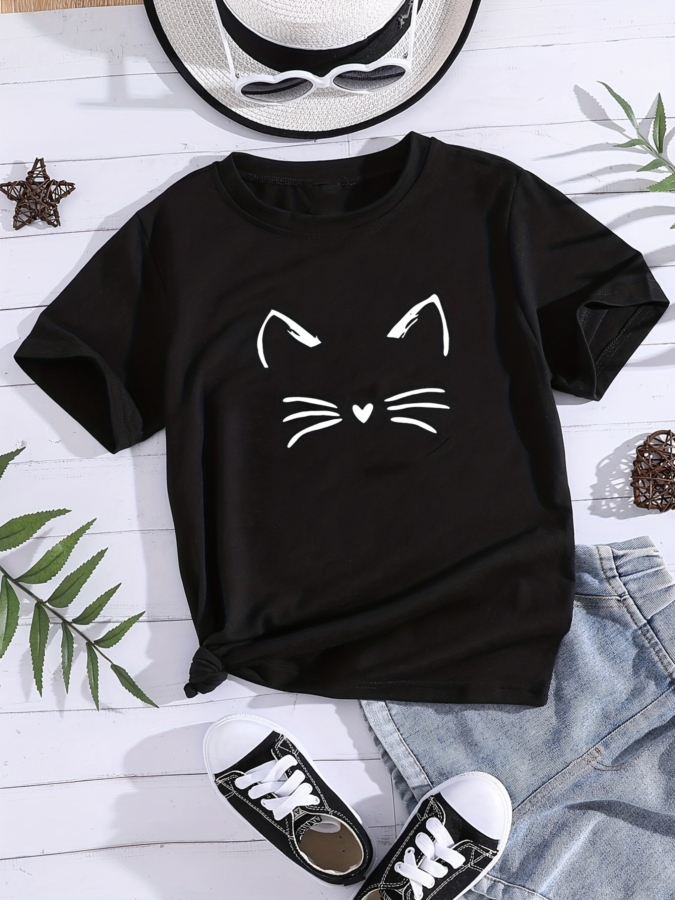 Girls' Simple Kitty Face Print Short Sleeve T-shirt, Comfy