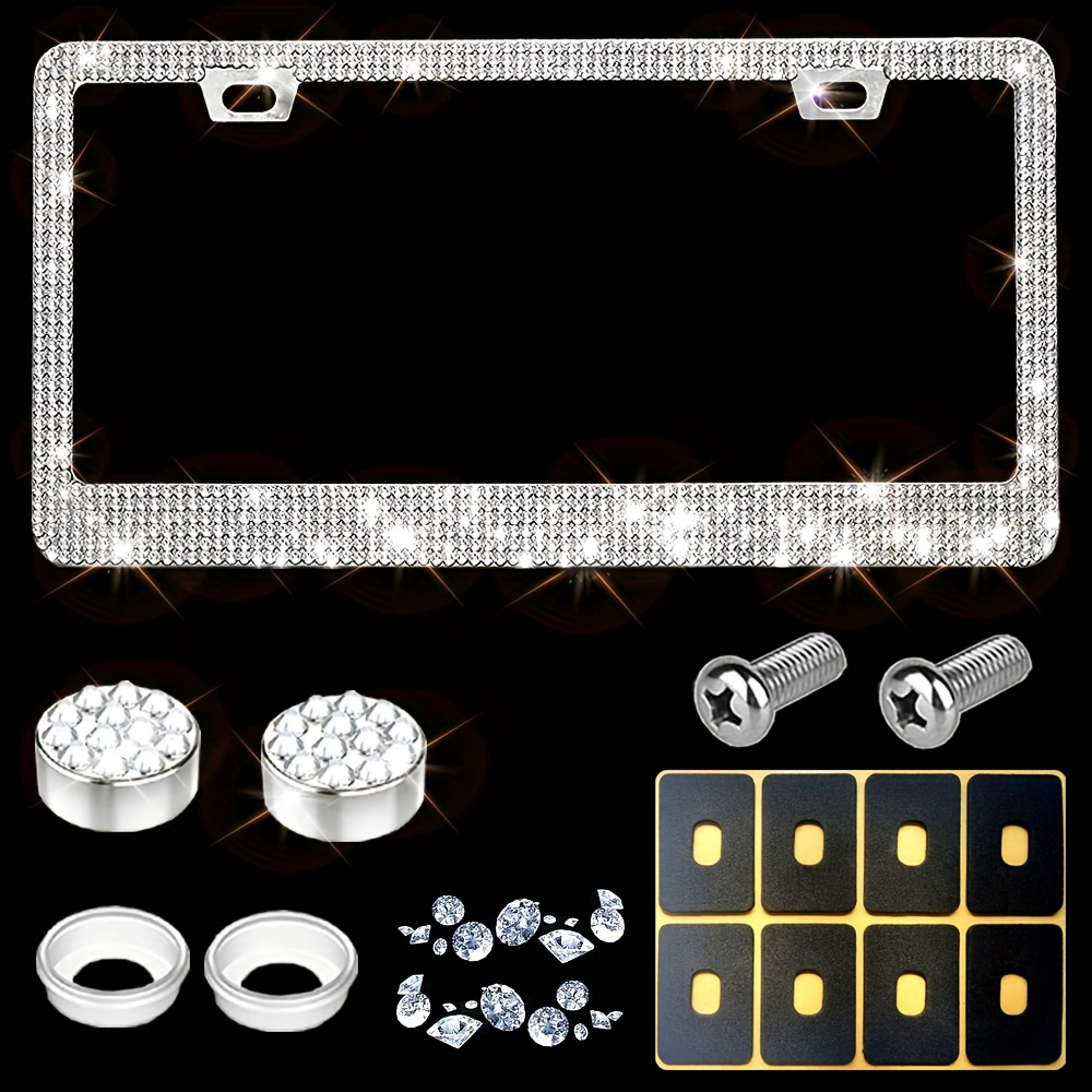 1 Pc Bling License Plate Frames Glass Rhinestone Car Tag Holder For Women Metal Rhinestone Sparkly Car Plate Frame With Bolts Bling Screws Caps