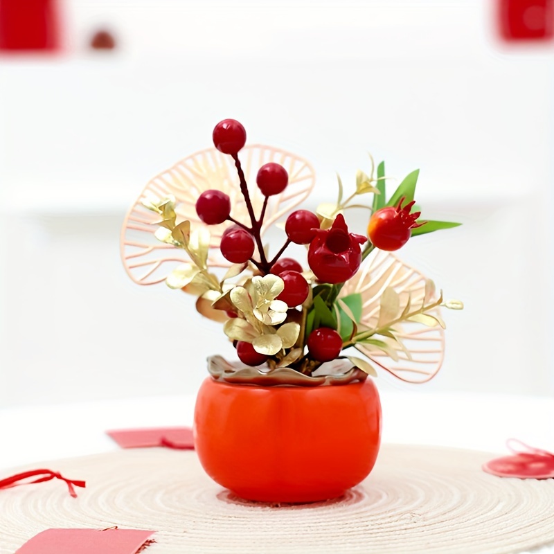 1個の新しい中国風のお祝いの赤いフルーツ鉢植え、赤いフルーツゴールデンリーフフォーチュンフルーツシミュレーションフラワーホームデコレーション、ホテル リビングルームフェイクフラワーデコレーション、新築祝い、結婚式の装飾、美的部屋の装飾 - Home u0026 Kitchen ...