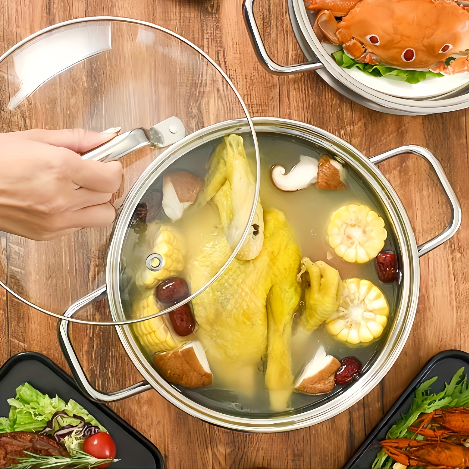 Large Capacity Thickened Stainless Steel Pot,, Dishwasher Safe, Gas Stove  Induction Cooker Can Be Used, Food Can Be Observed Through Glass Cover, Pot  Body With Transparent Glass Cover, With 3 Layers Of