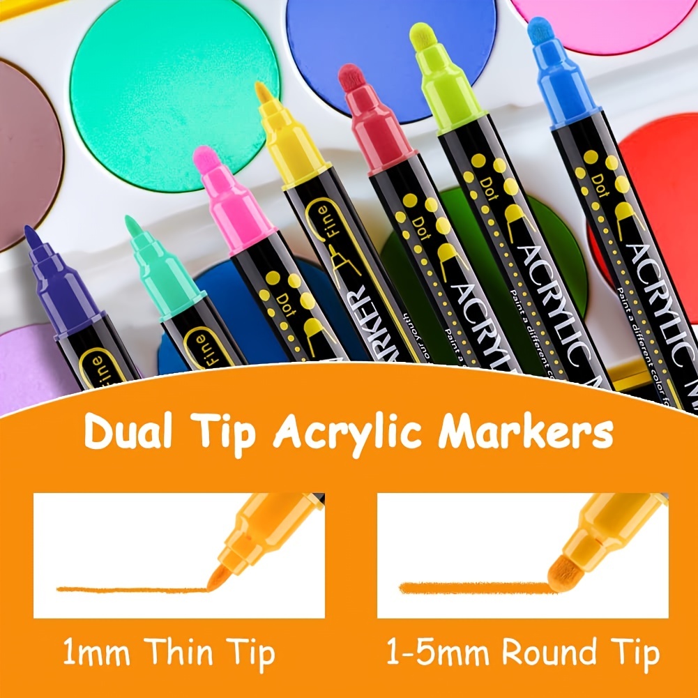 28 Metallic Colors Dual Tip Acrylic Paint Markers, Brush Tip and Fine Tip  Acrylic Paint Pens for Rock Painting, Ceramic, Wood, Canvas, Plastic,  Glass