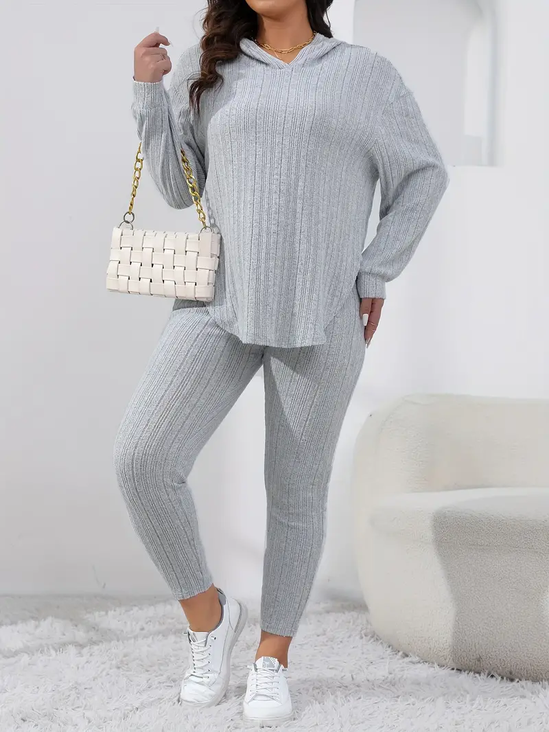 plus size casual outfit set womens plus solid long sleeve curve hem ribbed knit hoodie leggings outfits two piece set details 3