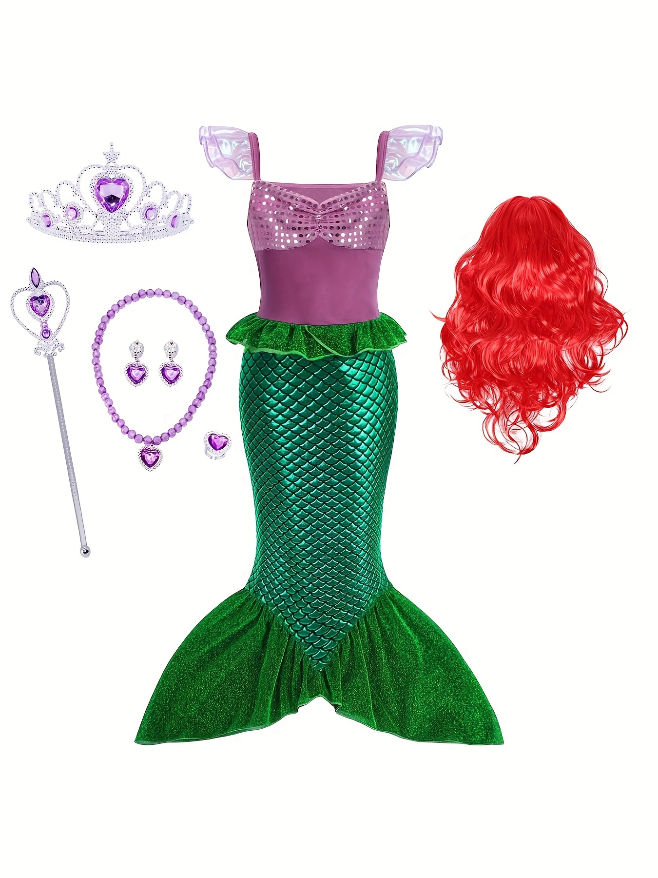 Disfraz De Sirena Para Niñas, Disfraz De Halloween, Vestido De Princesa,  Fiesta De Cosplay Con Peluca, Diadema Y Collar