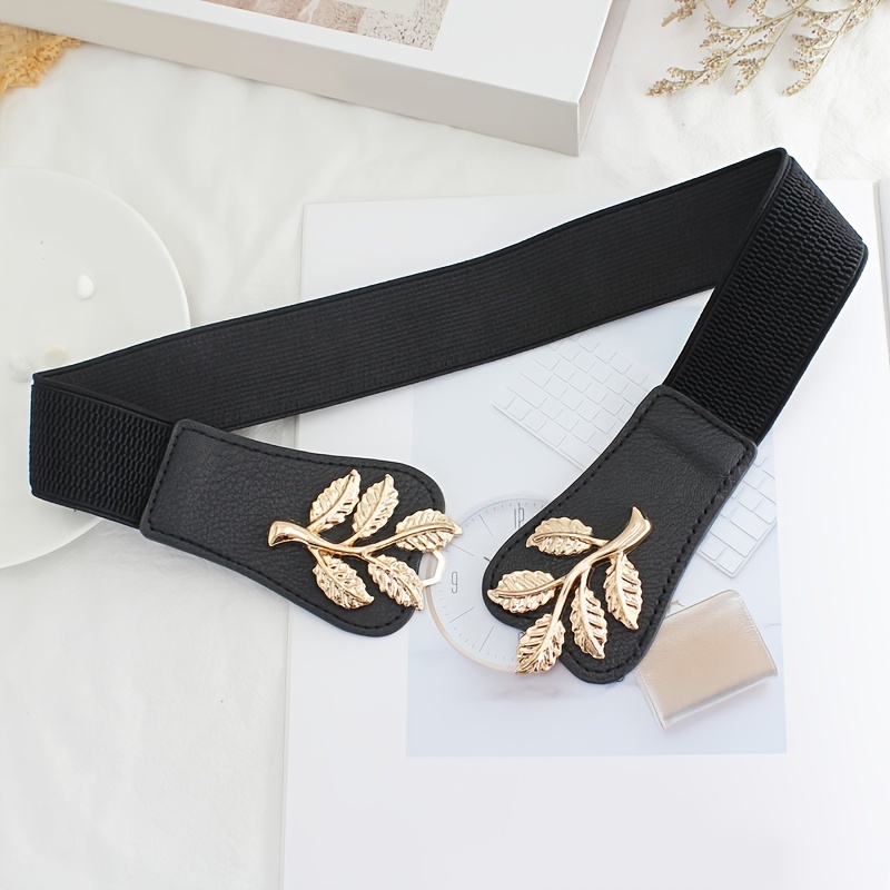 Metal Leaf Decoration Thin Elastic Waist Belt For Women