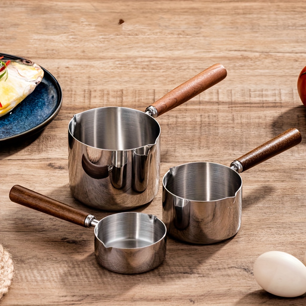 1pc Milk Pan With Dual Pour Spout Stainless Steel Sauce Pot Wood Handle  Butter Warmer Pot Small Soup Pot Frothing Pitcher Measuring Cups For  Kitchen C