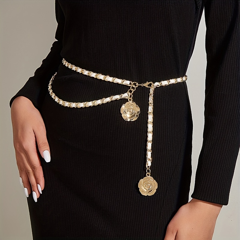 

Flower Pendant Waist Chain Elegant Golden Layered Metal Chain Belt Elegant Dress Girdle Body Jewelry For Women