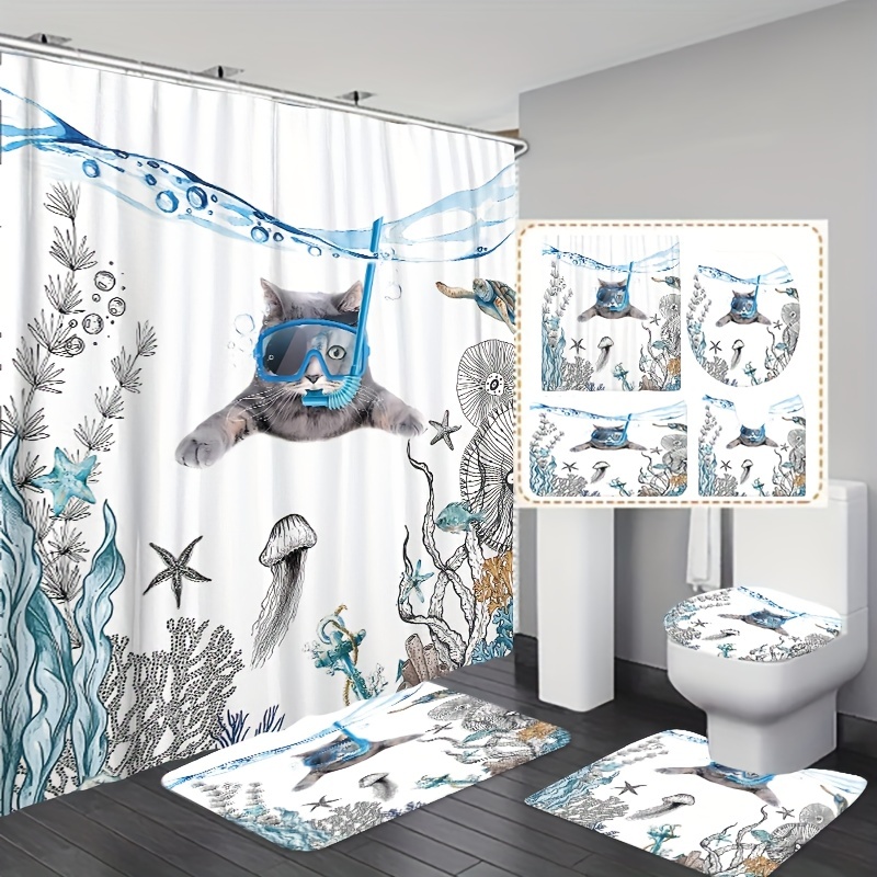 Diving Cat Printed Shower Curtain Set Bathroom Rug U shaped - Temu