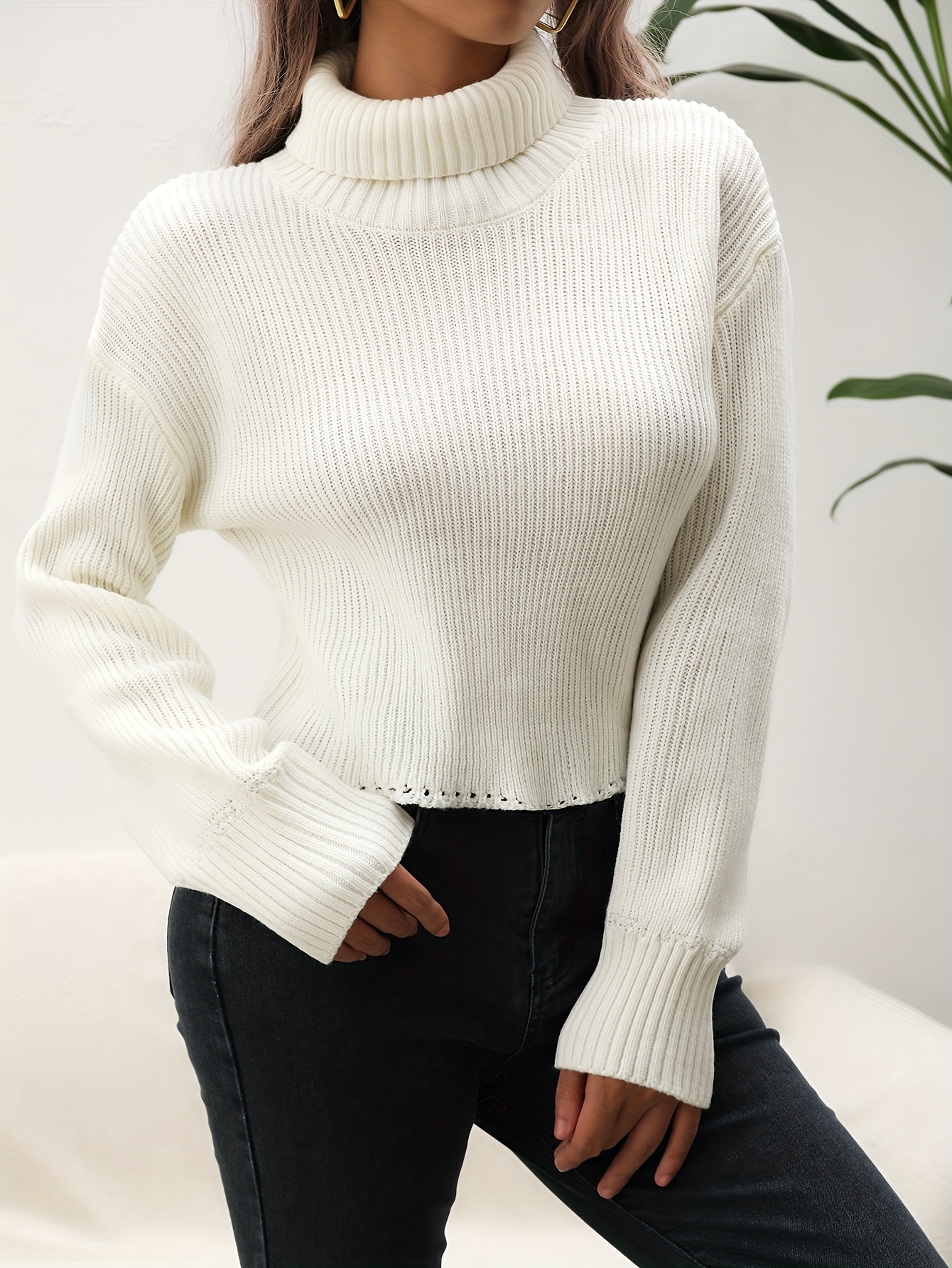 White Ribbed High Neck Fur Cuff Long Sleeve Sweater