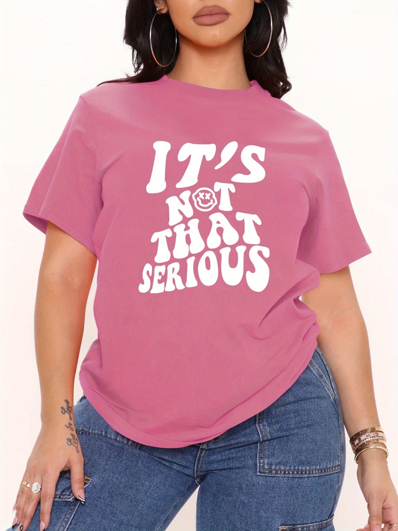 Plus Size Casual T-shirt, Women's Plus Cute Penguin & Slogan Print Short  Sleeve Round Neck Slight Stretch T-shirt - Temu