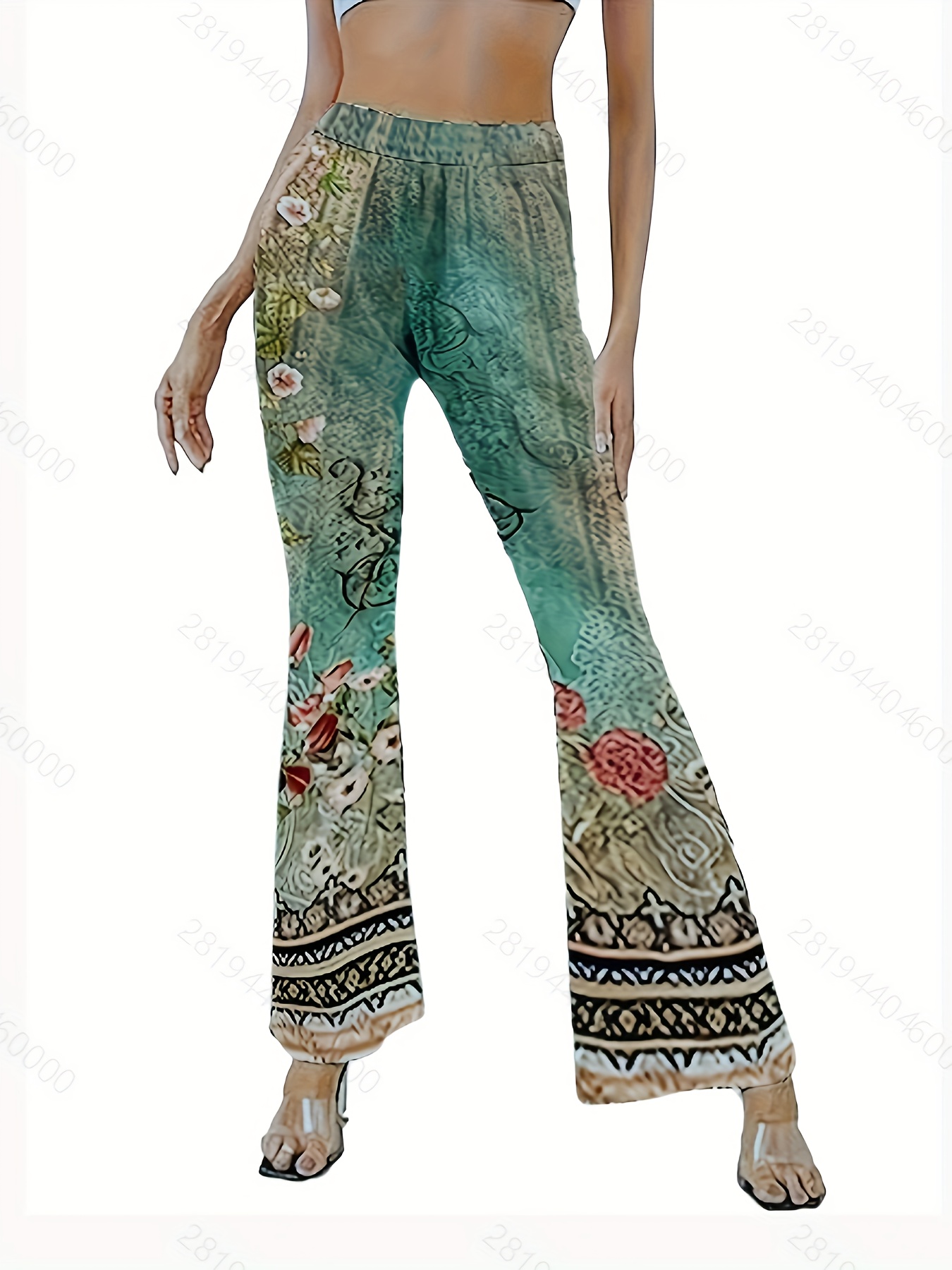 Print Flare Leg Pants Casual Stretchy High Waist Pants - Temu