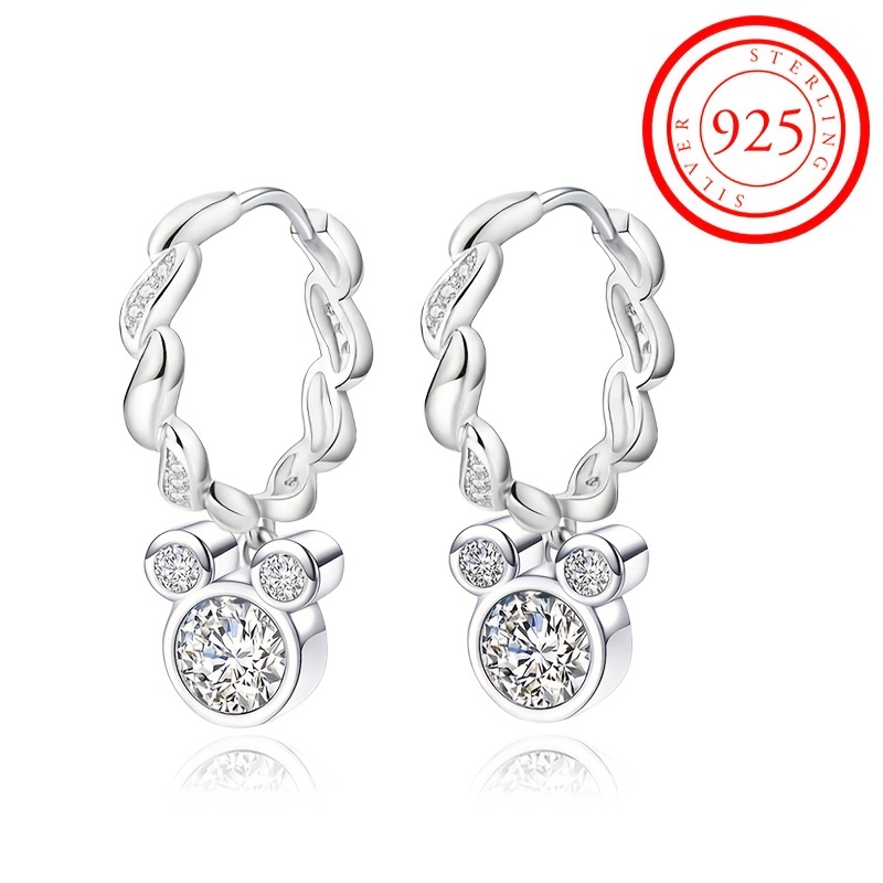 

S925 Sterling Silver Cute Cartoon Mouse Hoop Earrings Zircon Decor Plated Exquisite Cute Trendy Earrings Jewelry Gift For Women 2.1g /0.07oz