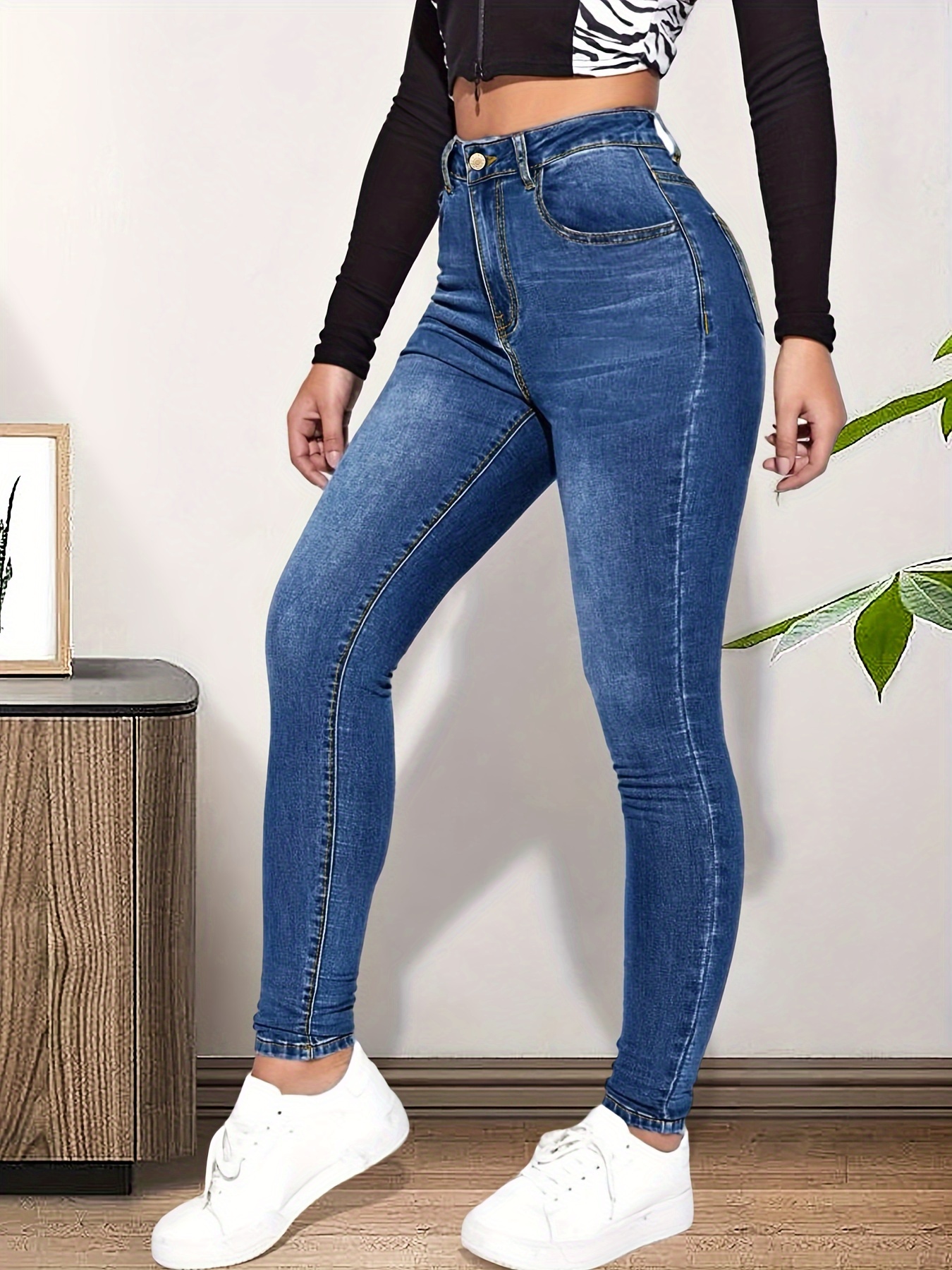 Blue Slant Pockets Skinny Jeans, Slim Fit High Stretch Tight Jeans, Women's  Denim Jeans & Clothing