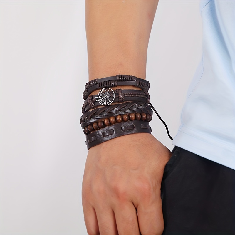 Braided Wrap Leather Bracelets For Men - Vintage, Life Tree, Rudder Charm,  Wood Beads Wrist Black Brown - Temu