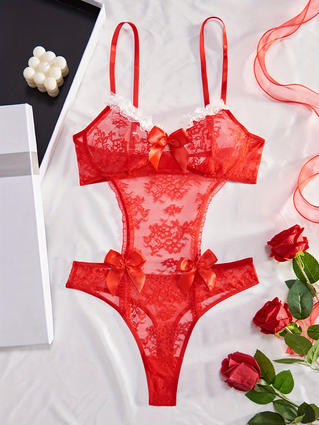 Hot Floral Lace Open Crotch Teddy Hollow Backless Bow Mesh - Temu