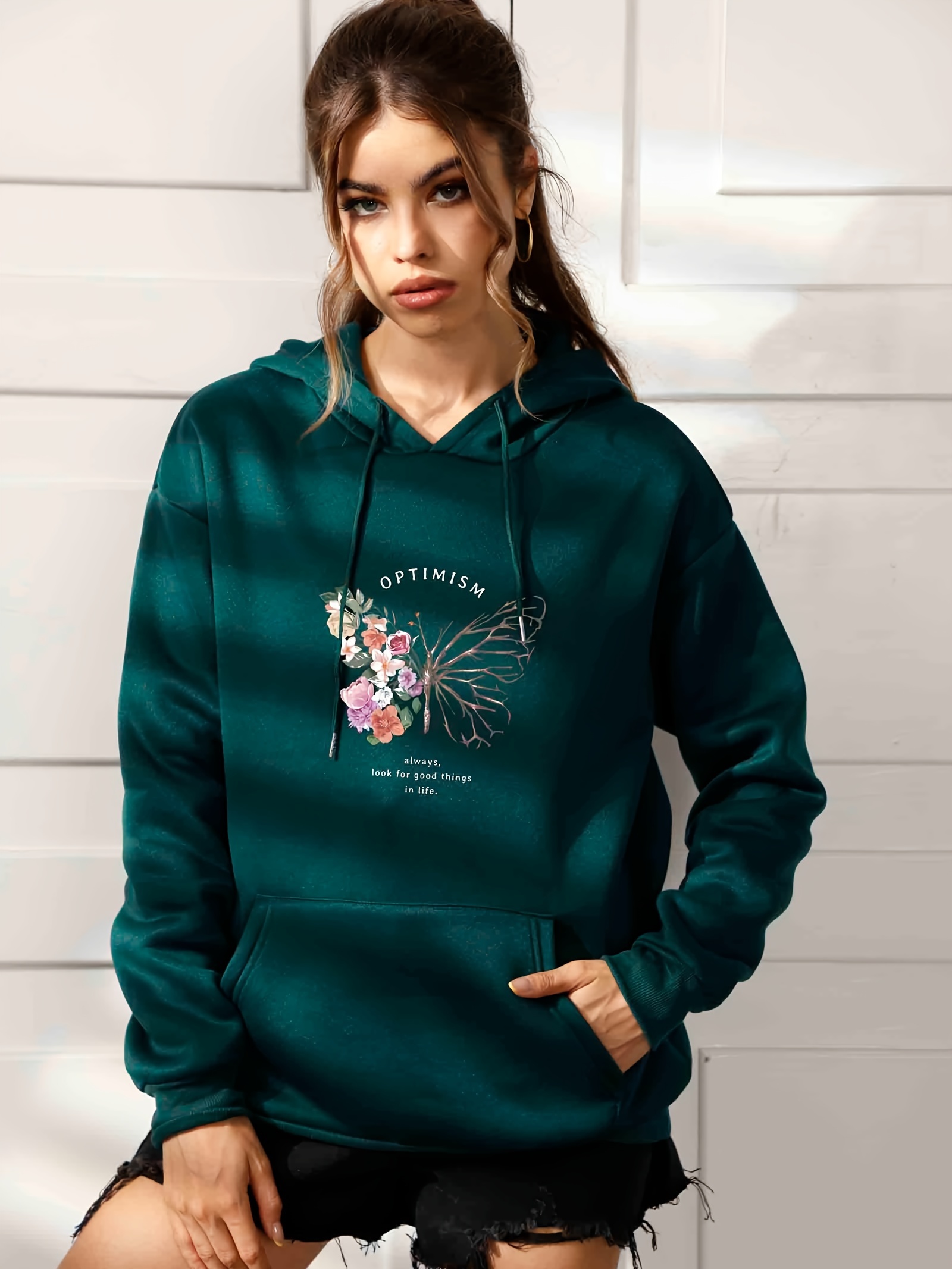 Temu Butterfly Floral Print Hooded Pocket Drawstring Sweatshirt, Women's Kangaroo Pocket Hoodie, Pullover Casual Long Sleeve Women's Clothing Sweatshirt