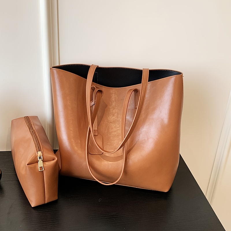Solid Color Tote Bag Large Capacity Shoulder Bag Pu Leather - Temu