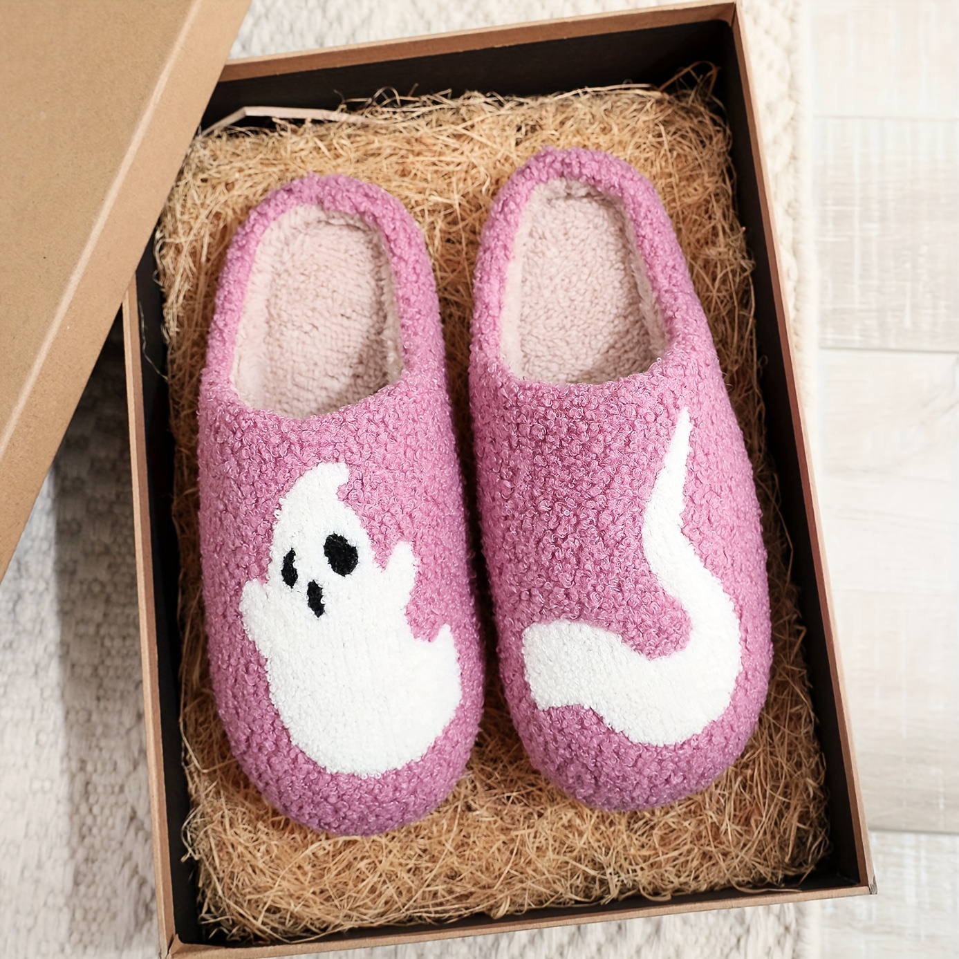 halloween skull ghost pattern plush slippers closed toe soft details 12