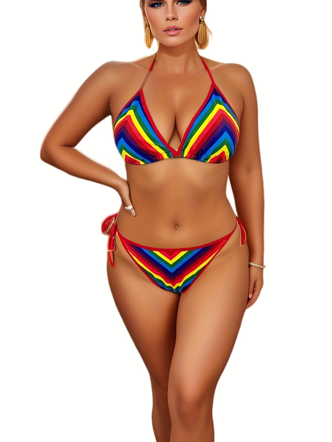 Plus Size Elegant Bikini Set Women's Plus Striped Pattern - Temu