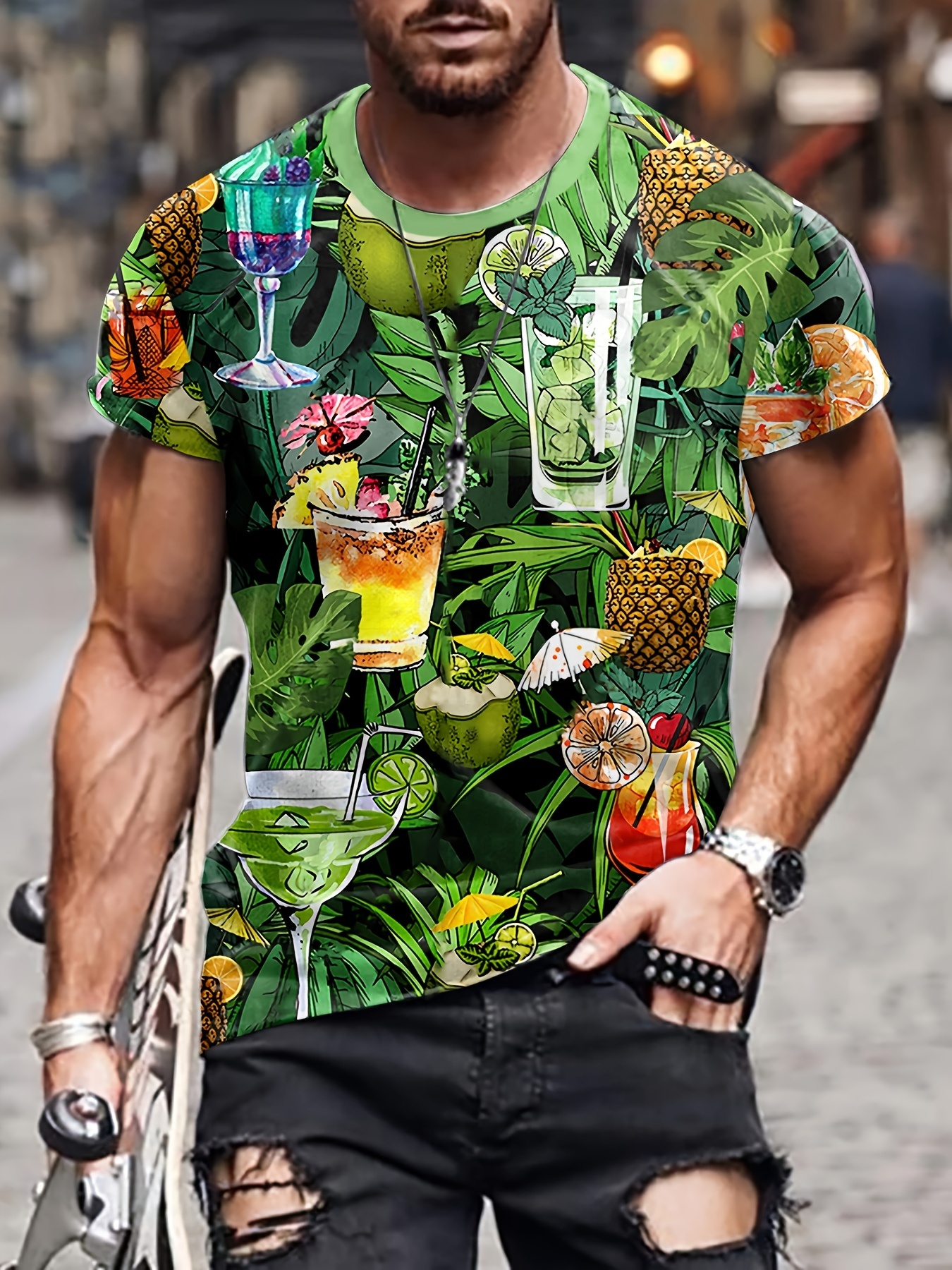 Lojito Neck T Summer Short Sleeve Shirt Casual Pocket 3D Mens Top