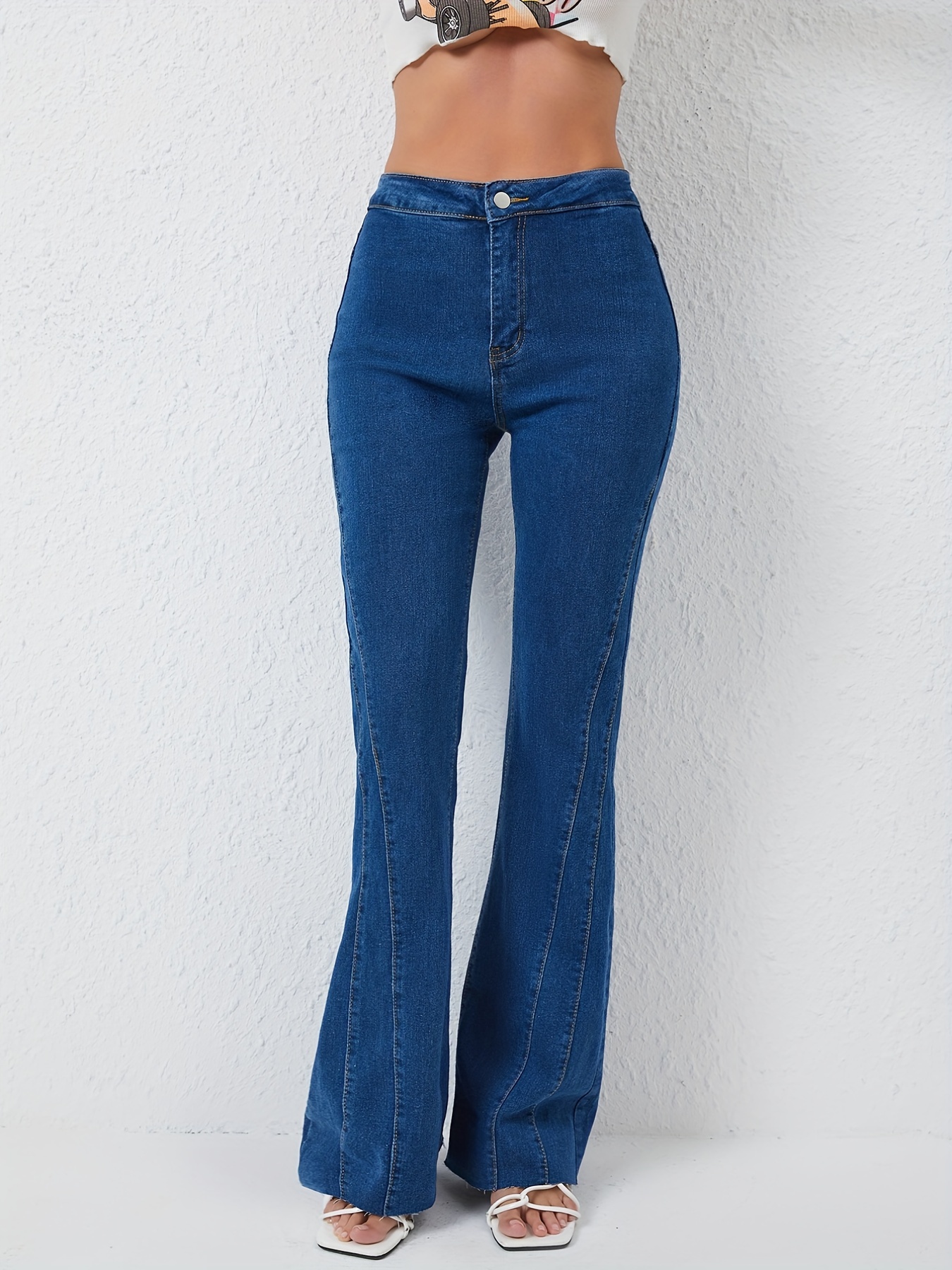 Solid Color Stitching Detail Versatile Flare Leg Jeans, Mid Rise