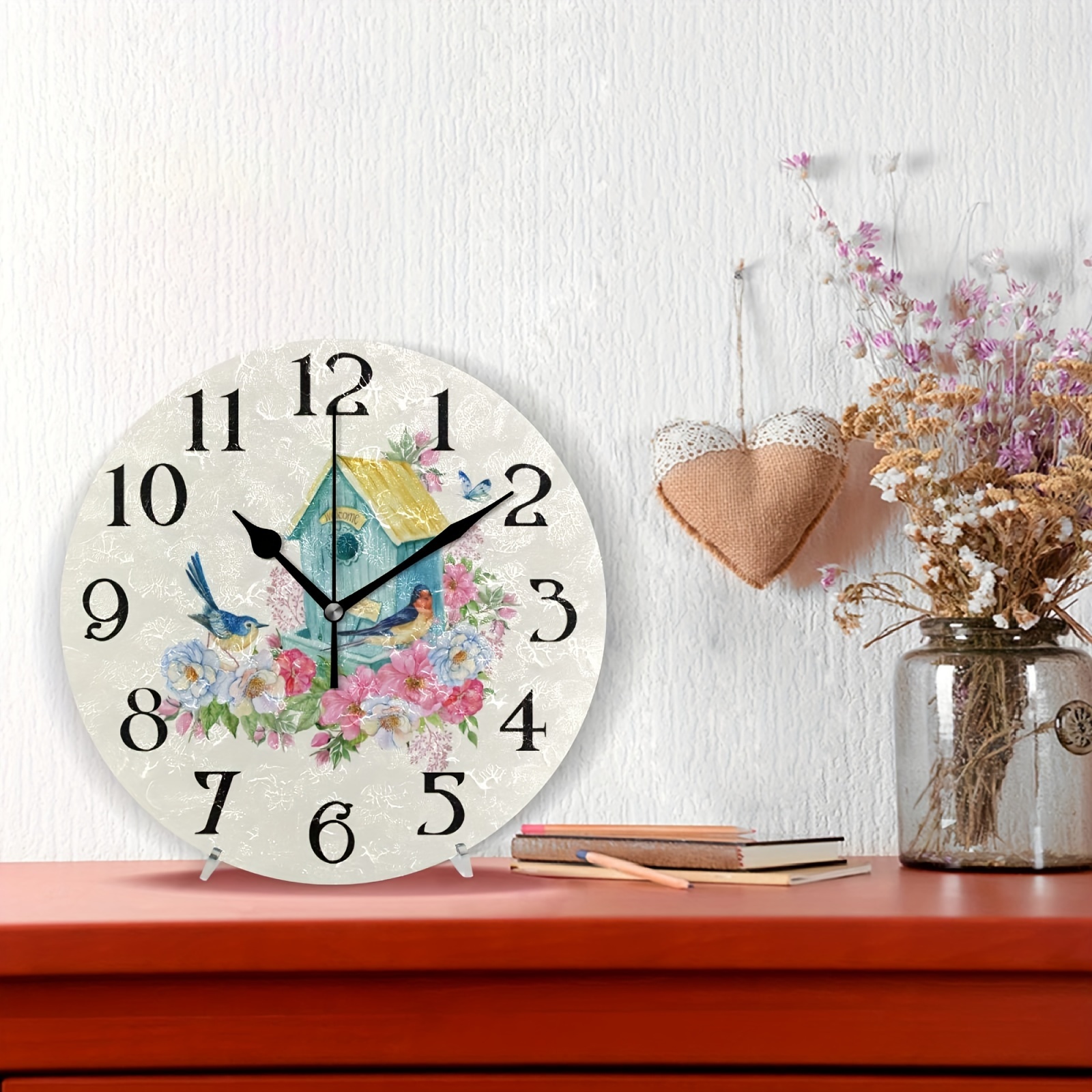 Reloj de pared vintage floral de 15 pulgadas, silencioso sin tictac,  funciona con pilas, relojes de pared de madera retro con flores de granja