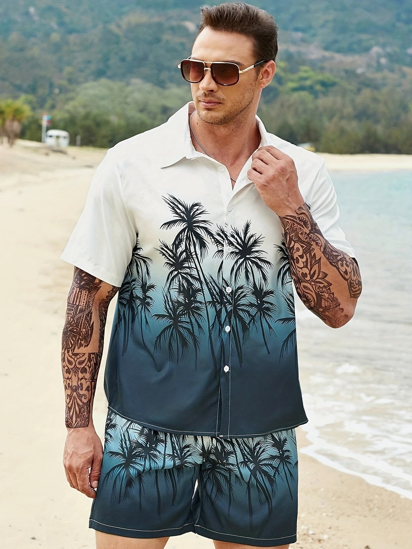 Temu Plus Size Tropical Trees Print Men's Beach Vacation Shirt Shorts Set for Summer, Hawaiian Style Oversized Graphic 2pcs Outfits for Big & Tall Guys