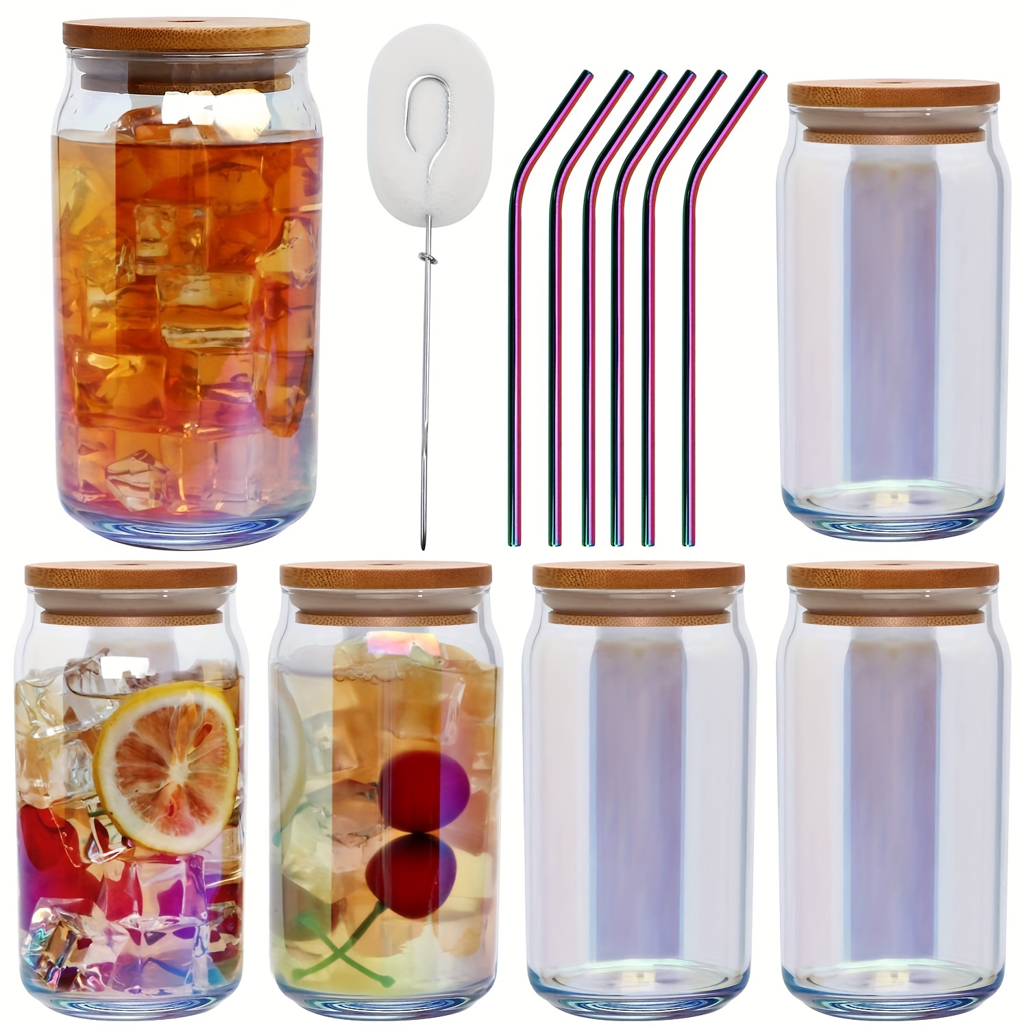 6Pcs Set Drinking Glasses with 6 Bamboo Lids and 12 Glass Straws, 16oz Can  Shape