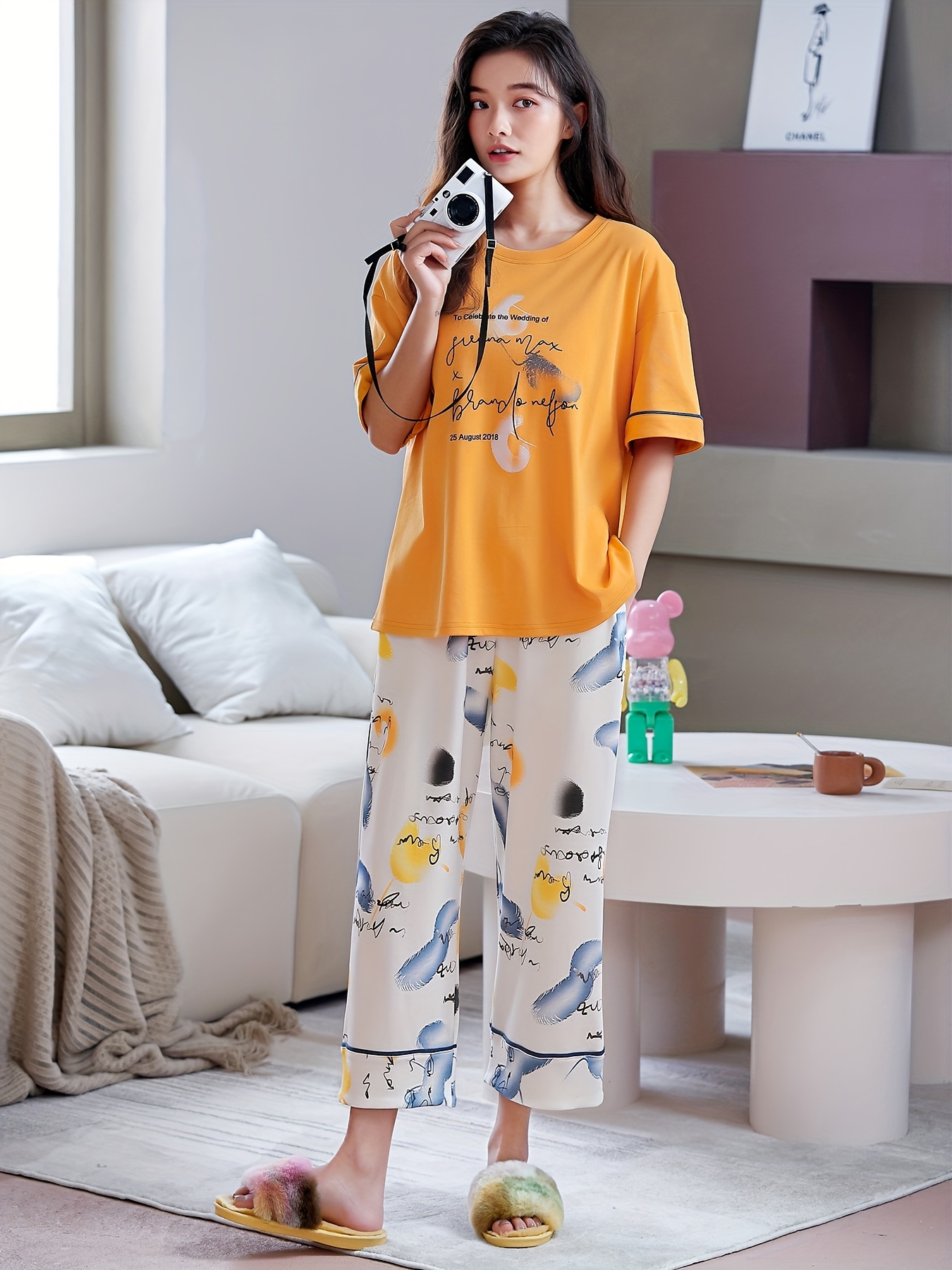 Casual Printed Pajama Set Comfy Solid Short Sleeve Crew Neck - Temu