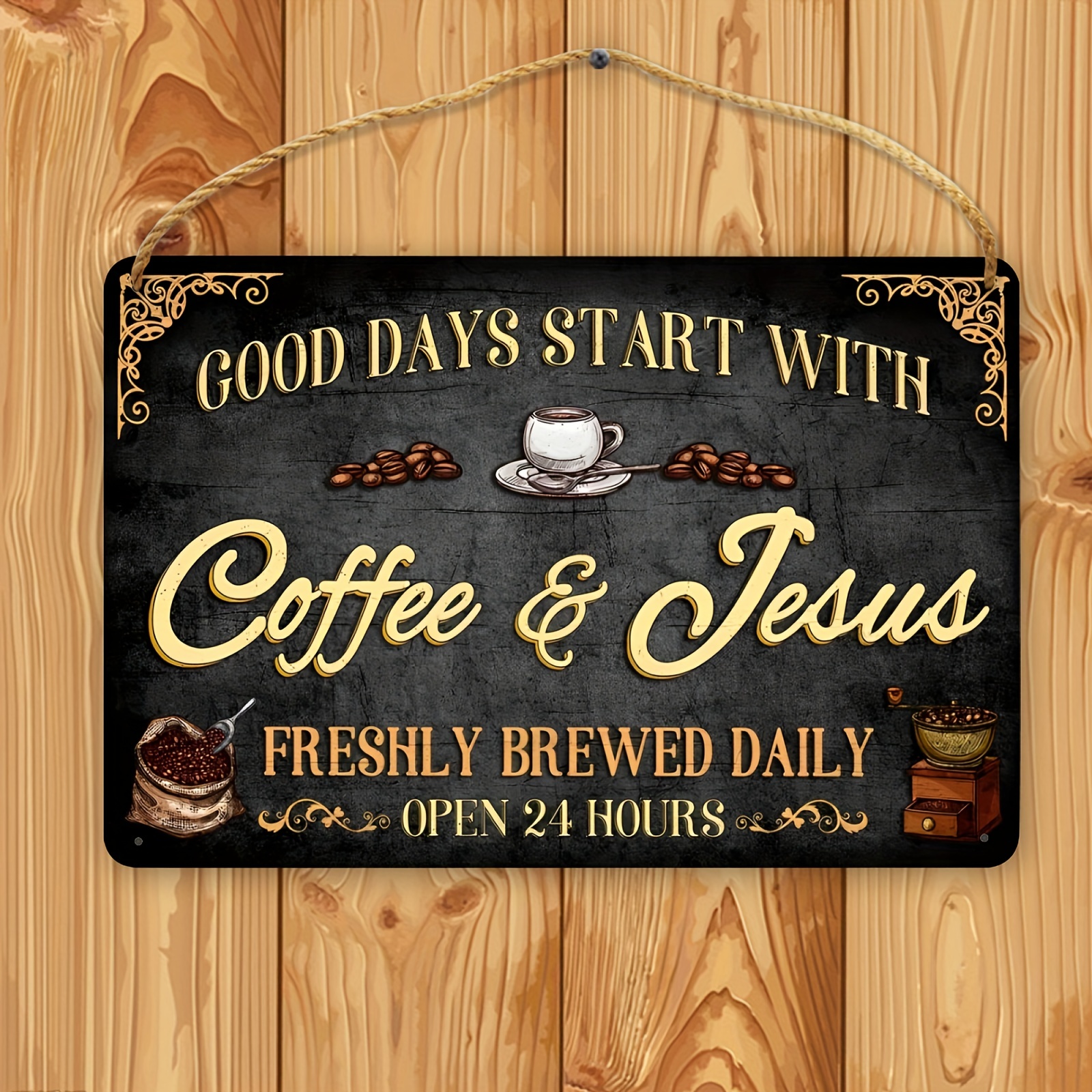 Coffee Bar Open Daily Cafe Decor Wood Hanging Plaque 5x10 Inch