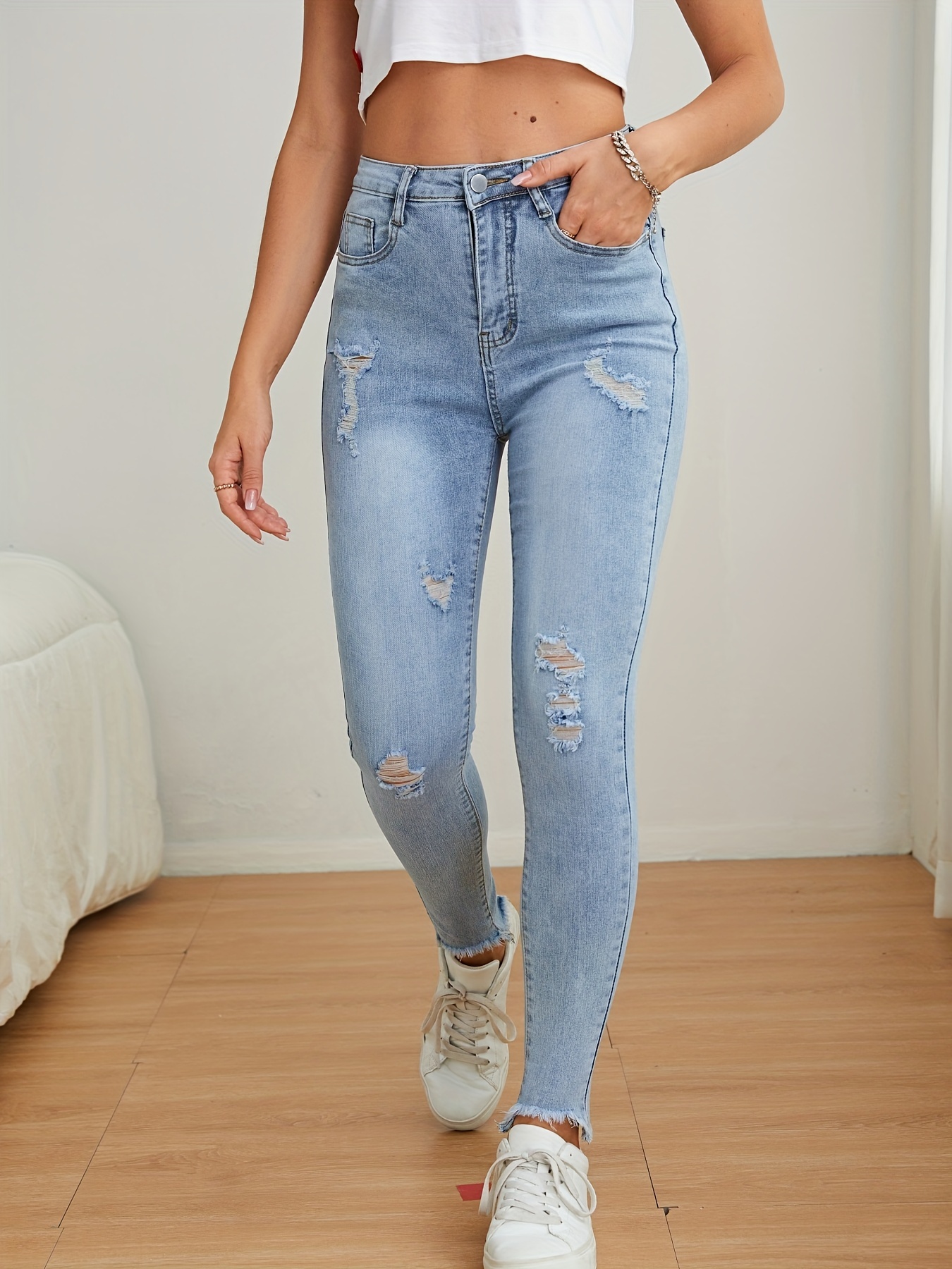 High Waisted Light Wash Ripped Skinny Jeans