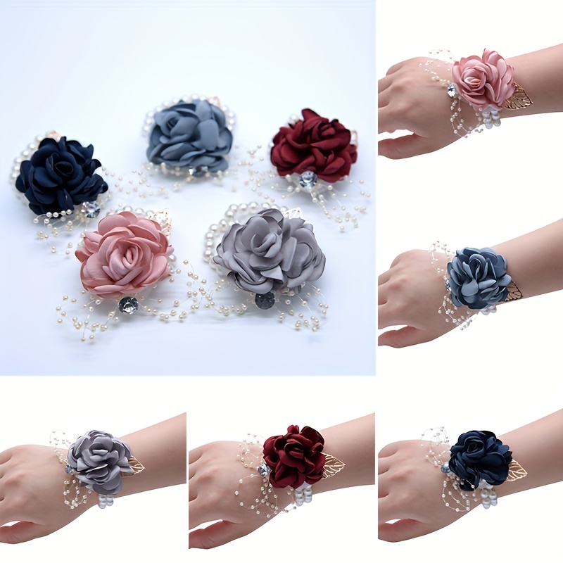 Wrist Flower Corsage Rose Flowers Brooch for Wedding Party Prom Wristband  Flower Set 2 Pack Corsage04 (Burgundy)