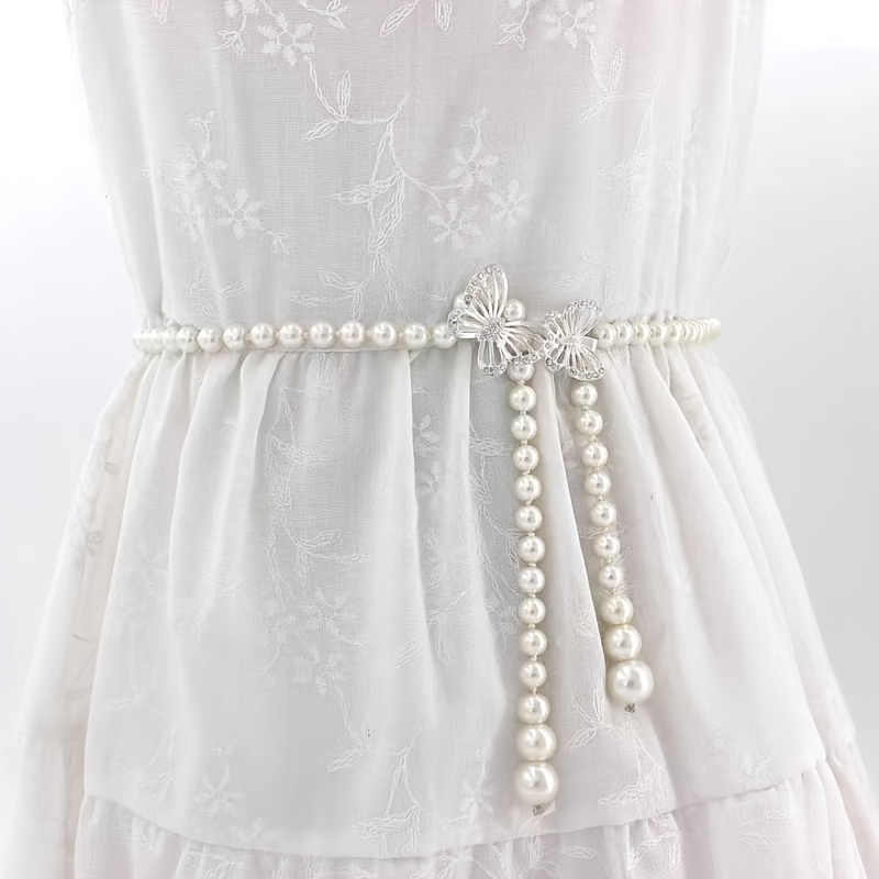 

White Faux Pearl Chain Belts Elegant Butterfly Buckle Waist Chain Adjustable Body Jewelry Dress Belt Women