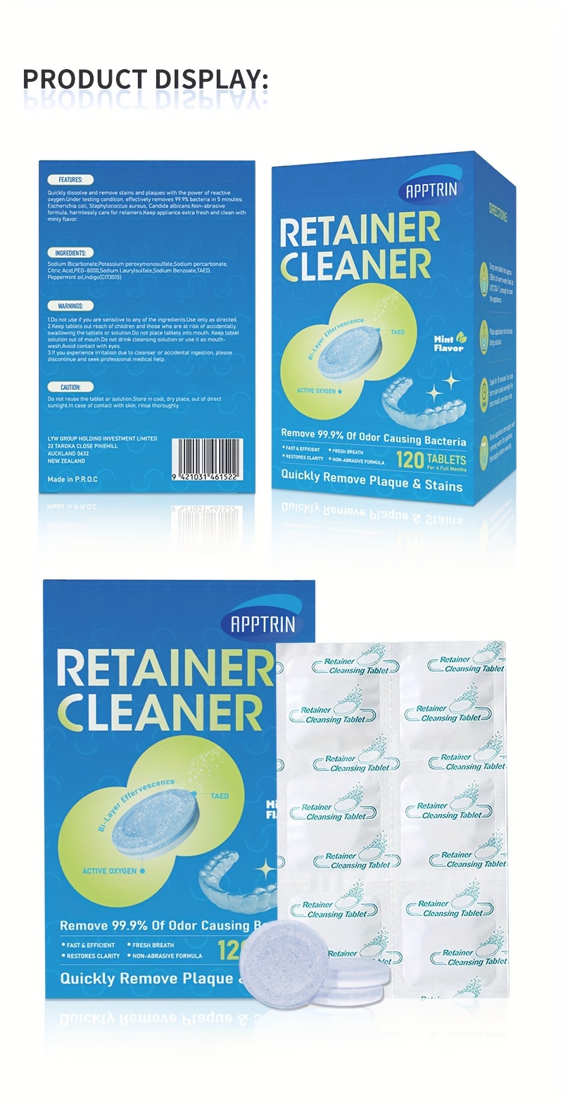 120 tablets retainer cleaner tablets retainer denture cleansing tablets mint flavor removes stain plaque odor for dentures retainers night guards mouth guard removable dental appliances details 3