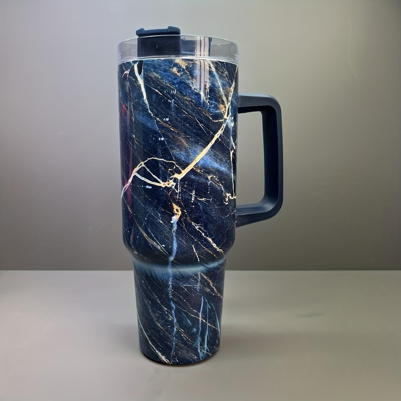 Marble Print Tumbler With Lid And Straw, Stainless Steel Thermal