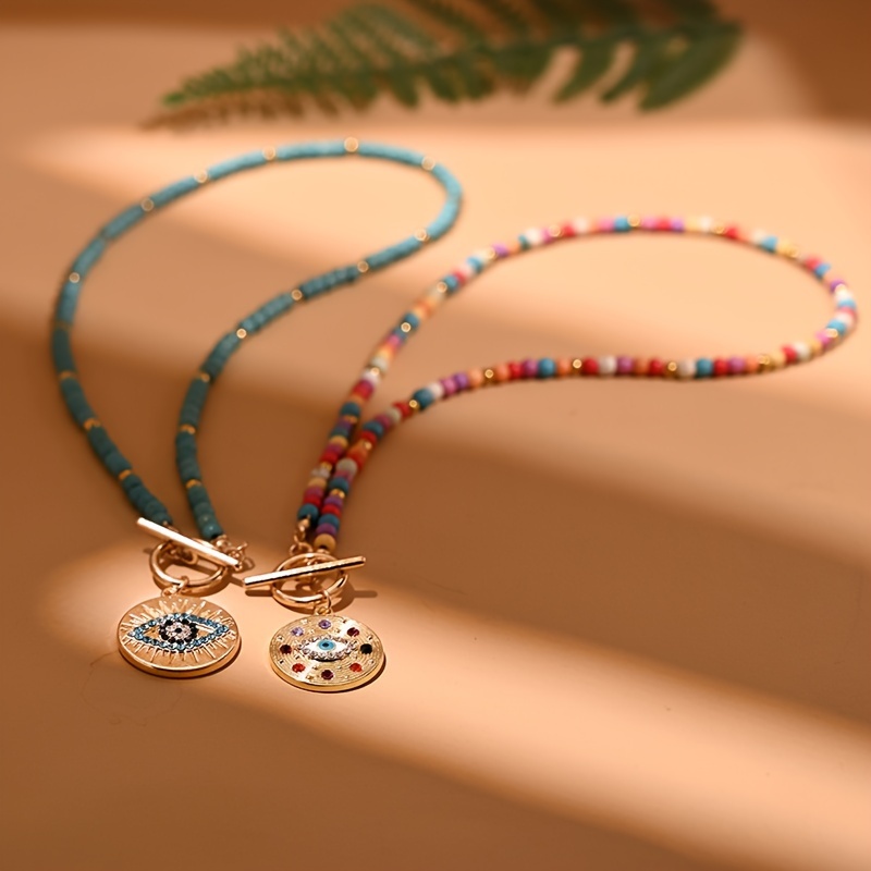 Collar de piedra colorida de 4 mm para mujer - Pendiente redondo de encanto maligno, estilo boho, piedra sintética, ideal para uso diario y fiestas.