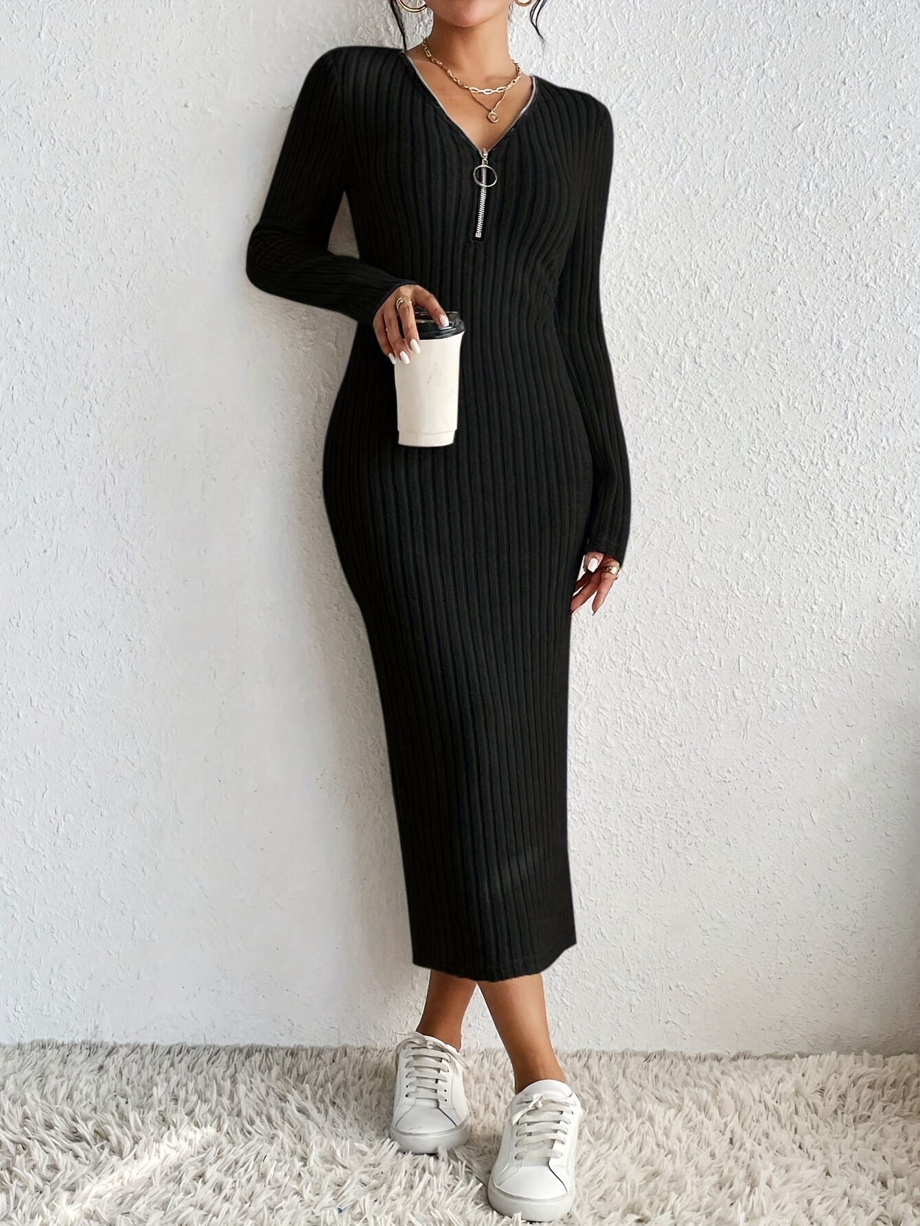 ribbed knit zip up v neck dress chic solid color long sleeve slim dress womens clothing details 5