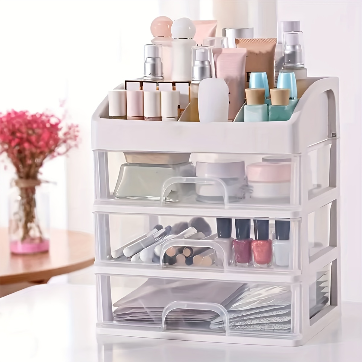 Cosmetic Organizer Dustproof With Lid Tabletop Makeup Case Vanity Skin Care  Items Shelf - Temu