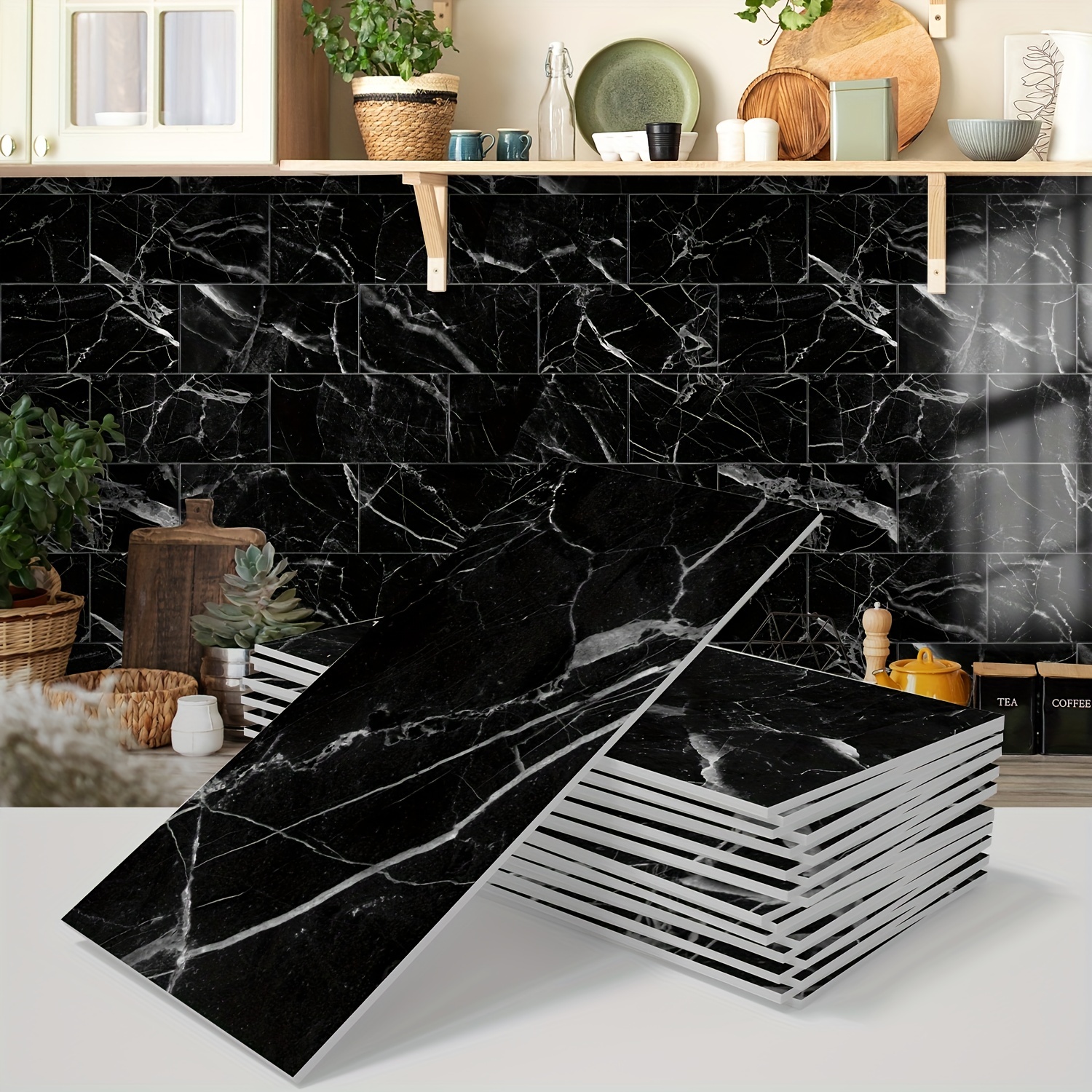 black marble tile fireplace