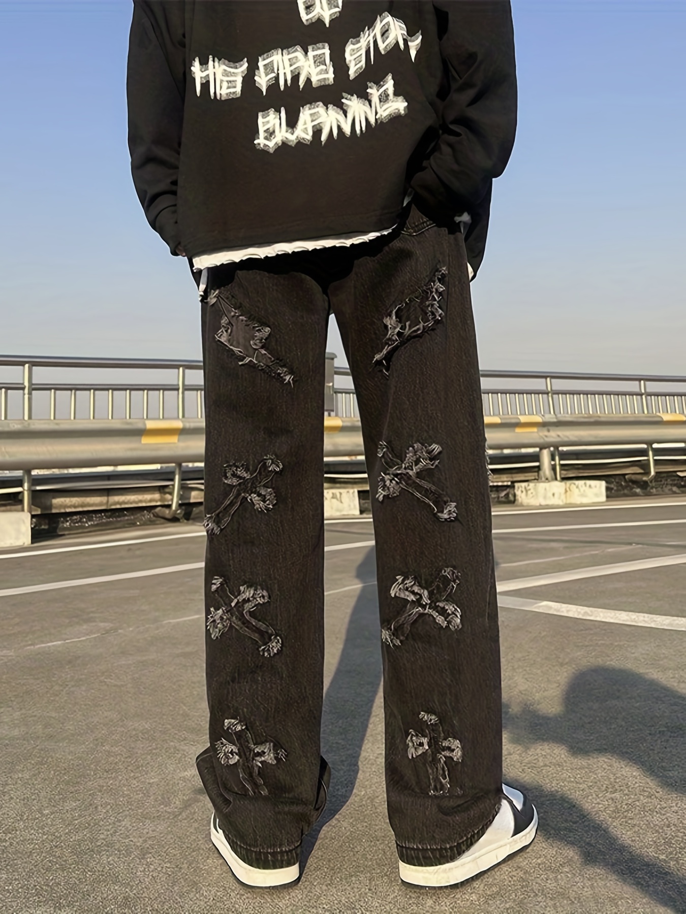 Dragon Embroidery Baggy Jeans Men's Casual Street Style Wide - Temu Canada