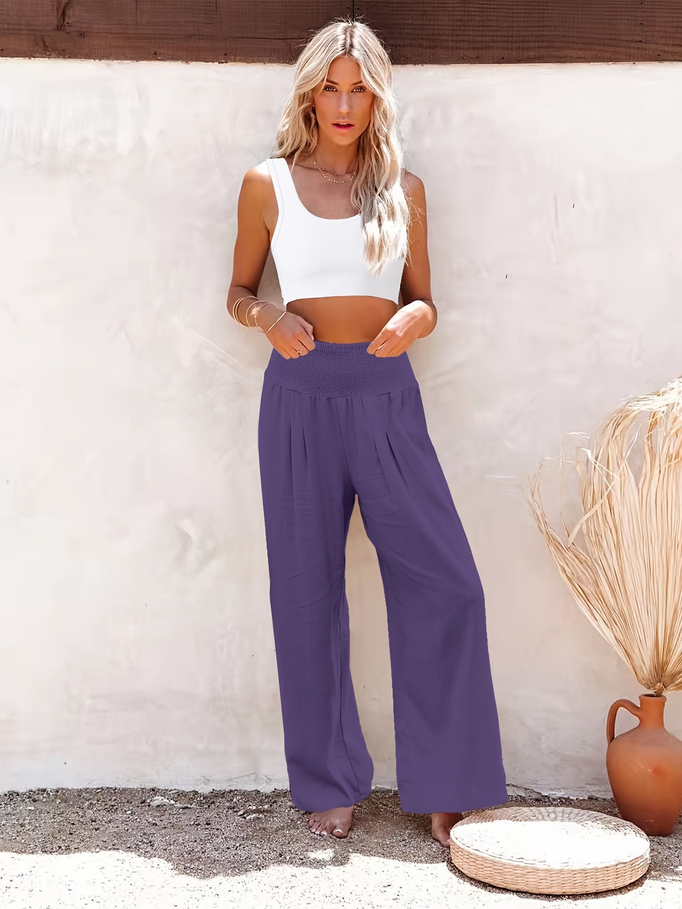 Solid Elastic Long Length Loose Pants Vacation Casual Wide - Temu United  Kingdom