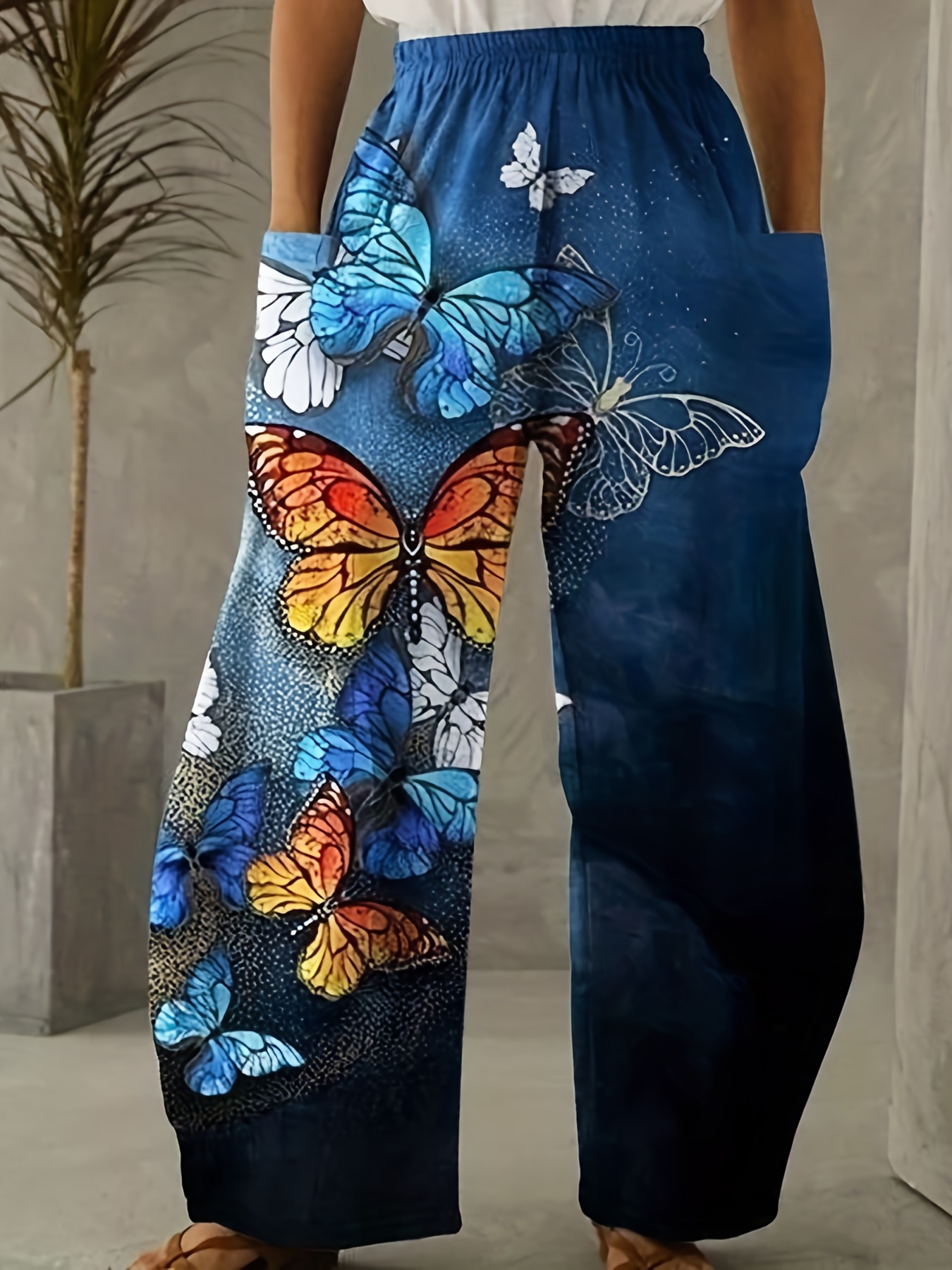 Butterfly Print Wide Leg Pants, Casual Loose Pants For Spring