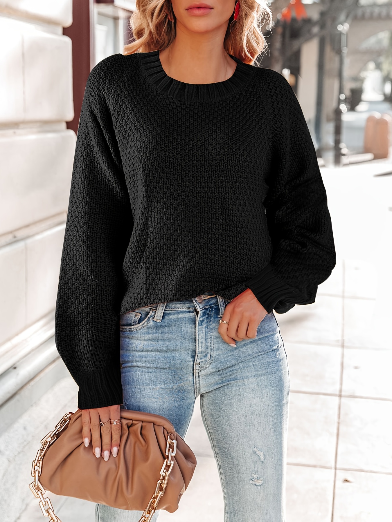 Oversized Scoop Neck Sweater, Casual Long Sleeve Loose Fall Winter Knit  Sweater, Women's Clothing