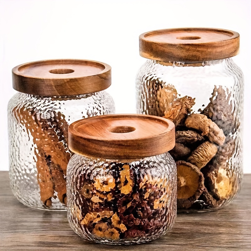 1Pc Glass Kitchen Storage Jar Wood Lid Borosilicate Glass Food