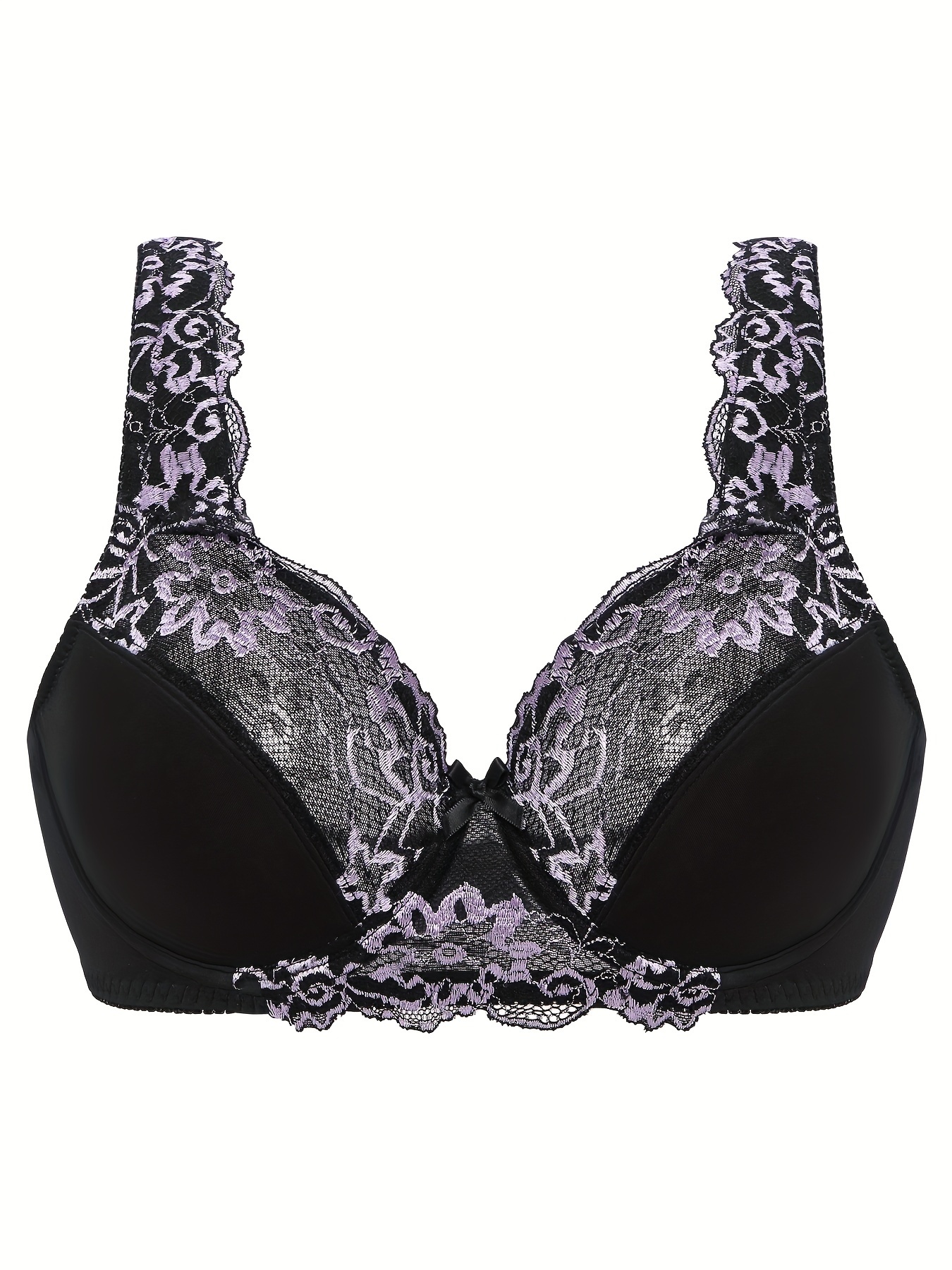 Plus Size Sexy Bra, Women's Plus Contrast Lace Underwire Full Cover Mini  Bow Light Bra