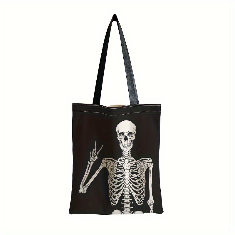 Halloween Print Canvas Tote Bag, Gothic Skull Print Shopper Bag
