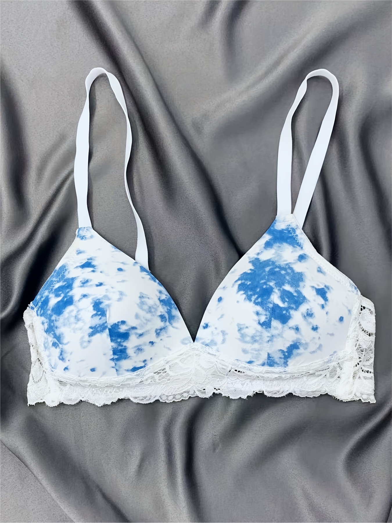 Long bra 40B with various lace appliqués, breathable full cup, and