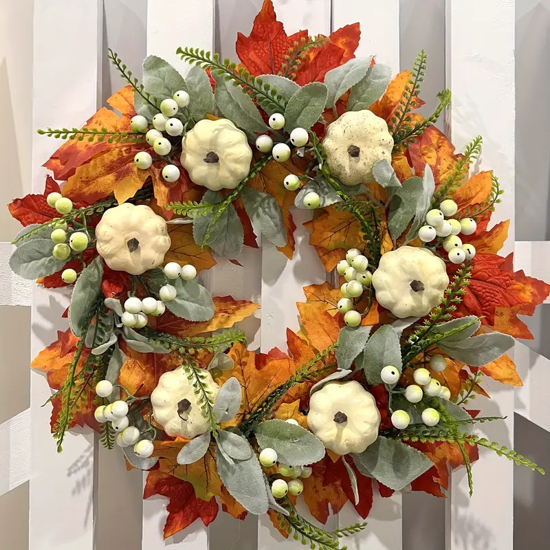 Fall Wreath For Front Door With White Pumpkins And Maple Leaves-fall  Decoration For Home Fall Decor Door Wreath For Autumn,harvest, Halloween Or  Thanksgiving - Temu