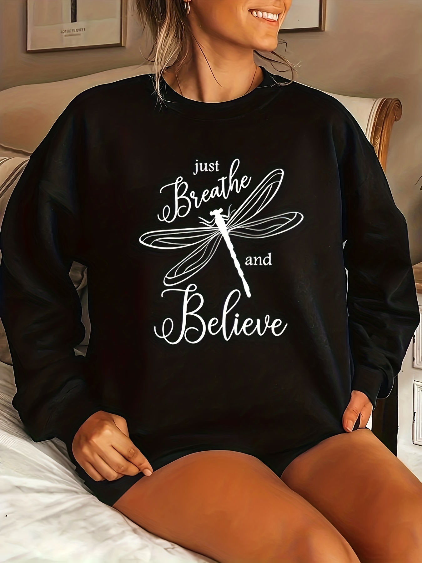 plus size casual sweatshirt womens plus dragonfly slogan print long sleeve round neck sweatshirt