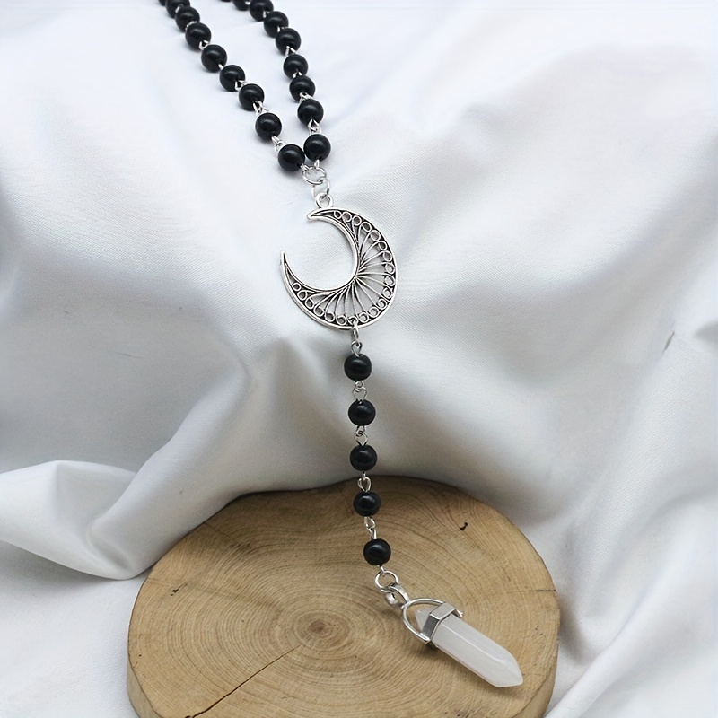 Hexagonal Long Strip Pendant Vintage Hollow Moon Necklace Black Rosary Neck  Chain Accessories